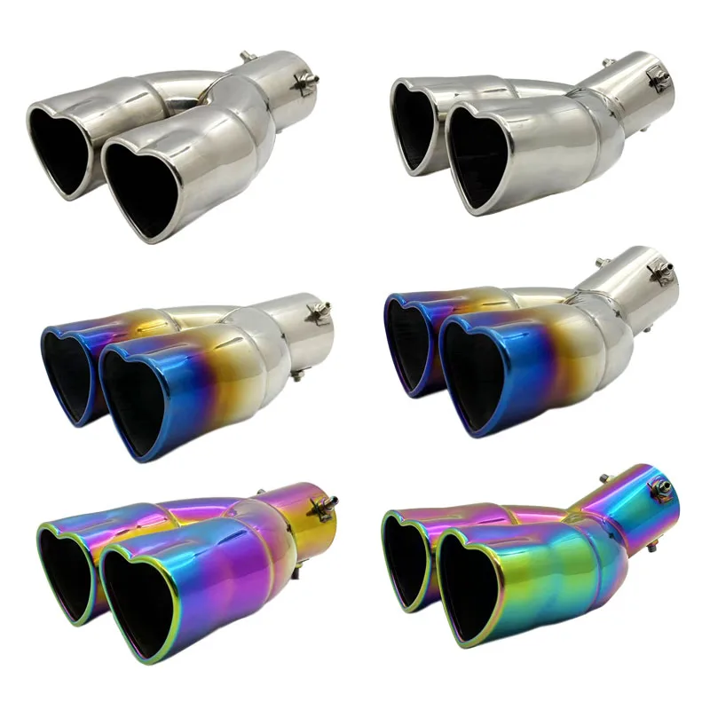 63mm heart shape muffler tailpipe universal exhaust tip car stainless double tips coloful car modified auto silencer exhaust