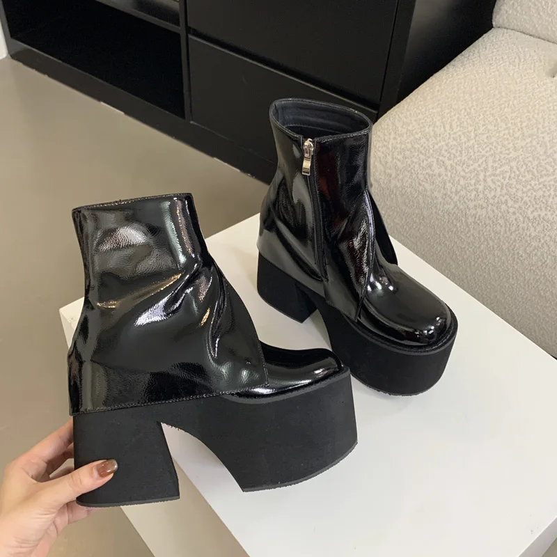 Black Ankle Boots For Women Platforms Chunky Shoes 11cm Heeled Patent Leather  High Heel Boots Fall Punk Botas De Mujer