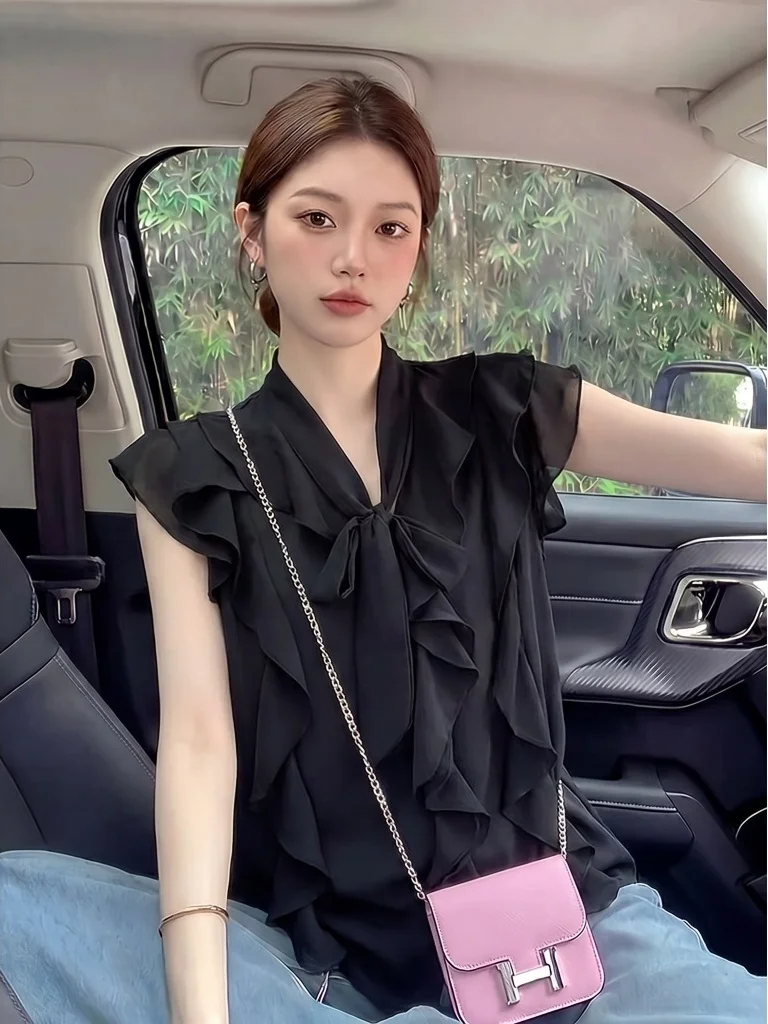

Black Lace Trim Shoulder Short Sleeve Women's Shirt Summer New Style plus Size Slimming Commute Fashionable Top