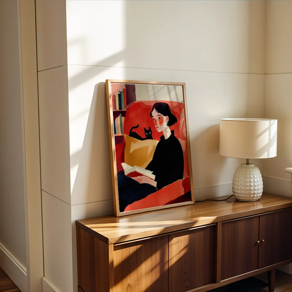Woman Reading On Sofa With Black Cat Canvas Poster Wall Art,2D Print Wall Decor,Aesthetic Home Gift