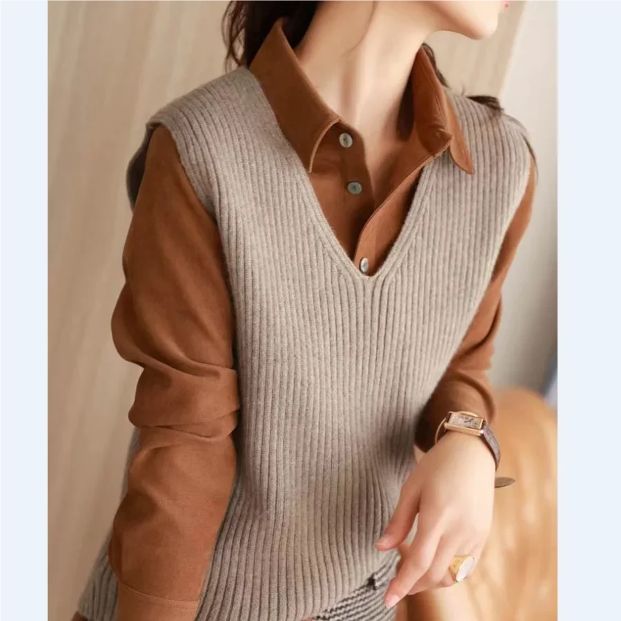 V-Neck Women Pullover Sweater Vest Loose Sleeveless Sweater Vest Women\'s Autumn Winter Fashion  Knitted Top For Outerwear Blouse