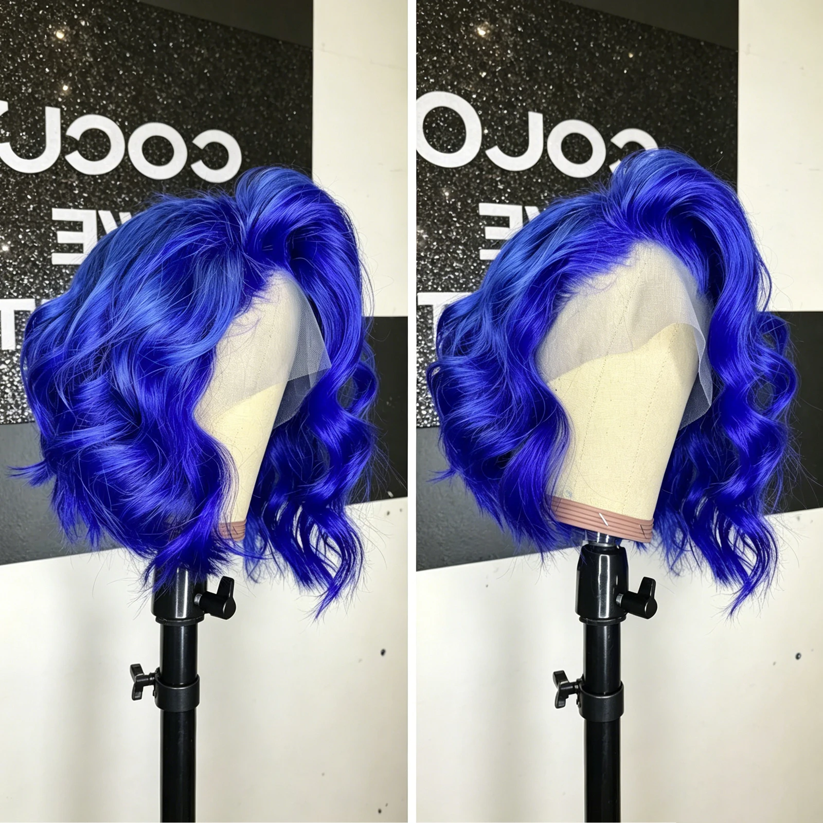 WIF Royal Blue Short Hair Wavy Bob Lace Front Wig Body Wave Short Bob Heat Fiber Blue Hair Synthetic Wigs 12Inch Women Daily Use