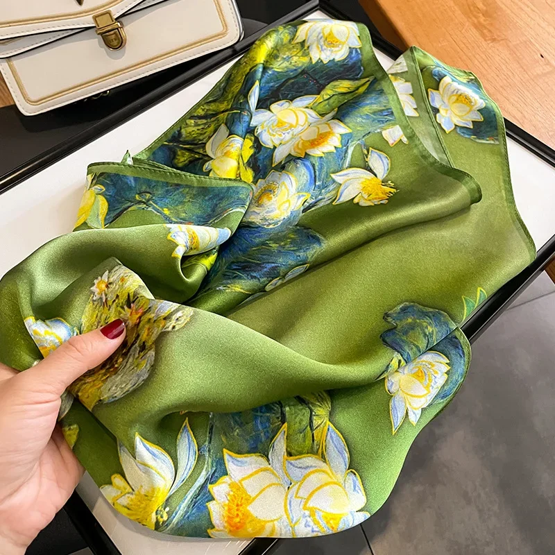 2023 New 100% Real Silk Square Scarf for Women Floral Print Luxury Nature Silk Neckerchief Female Bag Ribbon Hairband Bandana