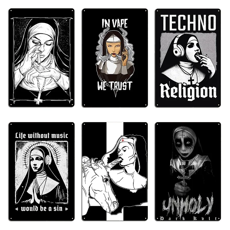 In Vape We Trust Smoking Vaping Nun Religion God Metal Plaque Design Wall Cave Pub Kitchen Personalized Tin Sign Poster