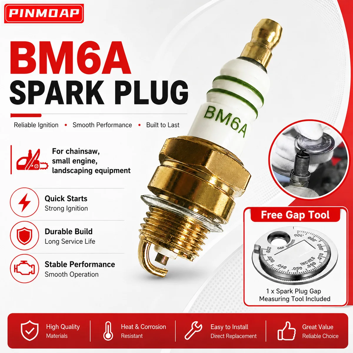 PINMOAP 2/3/6PCS BM6A Spark Plug For Chainsaw Lawn Mower Small Engine Garden Tool Reliable Ignition With Gap Measuring Tool