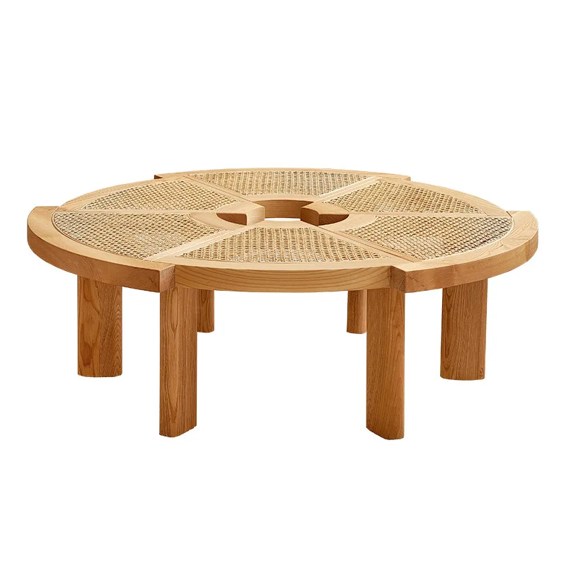 

Nordic solid wood rattan coffee table round Japanese simple retro ins living room home parquet log bed and breakfast round table