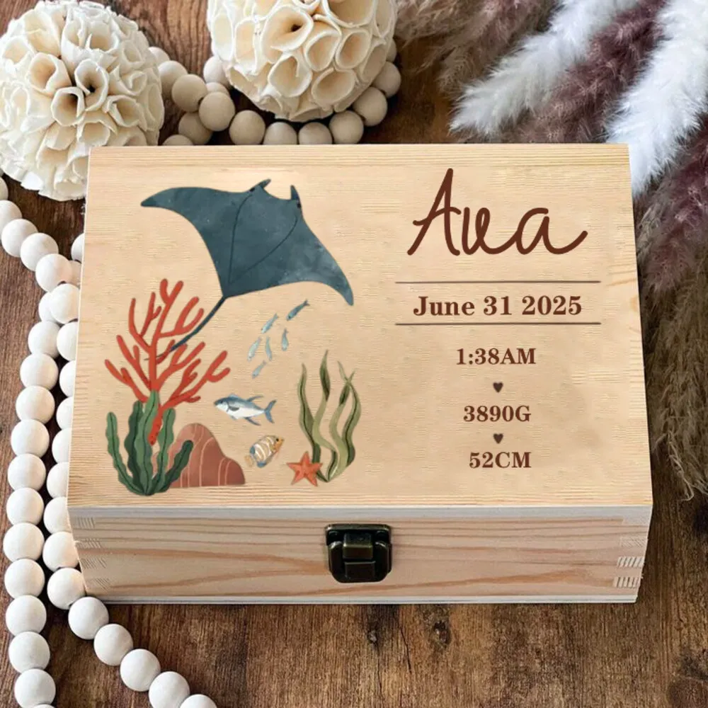 Персонализированная коробка на память о ребенка, коробка для памяти Ocean World, индивидуальный подарок на морскую жизнь, коробка с именем новорожденного, детская под морем