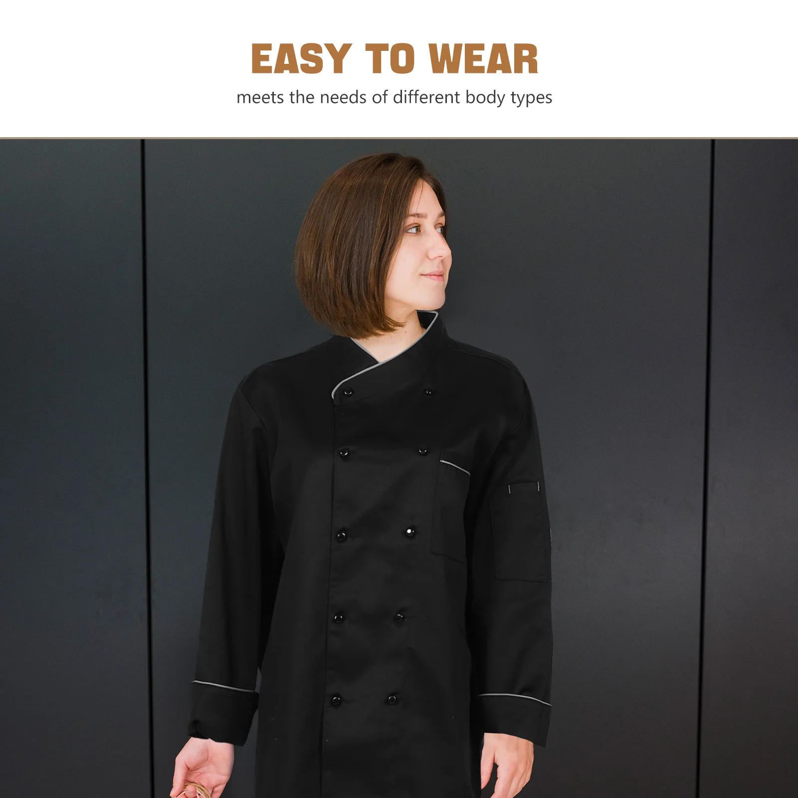 Kurtka kucharska unisex czarna z długim rękawem, odporna na pryskające cieczy, wygodna, uniform dla mężczyzn i kobiet do restauracji i hoteli.