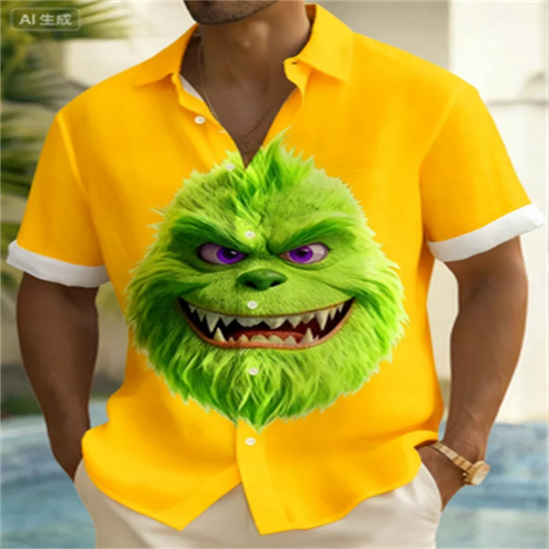 

2026 Men's Christmas Green Monster Printed Button Pocket Short Sleeve Shirt Fashionable and Comfortable Home Gift Products
