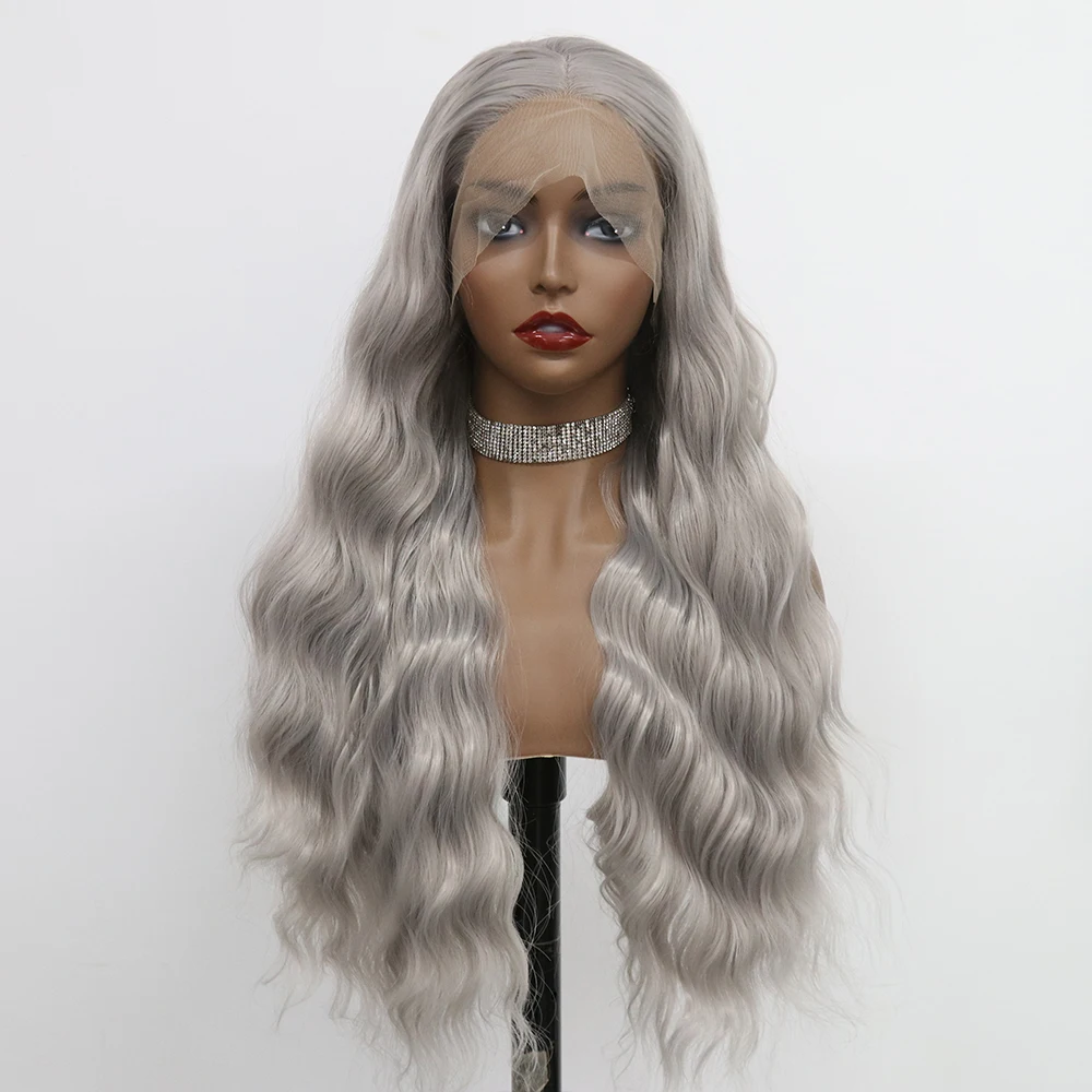 

Gray Color 30 Inch Synthetic 13x4 Lace Front Wig Body Wave Cosplay Heat Resistant Wigs For Women Pre Plucked 180 Density Aiva