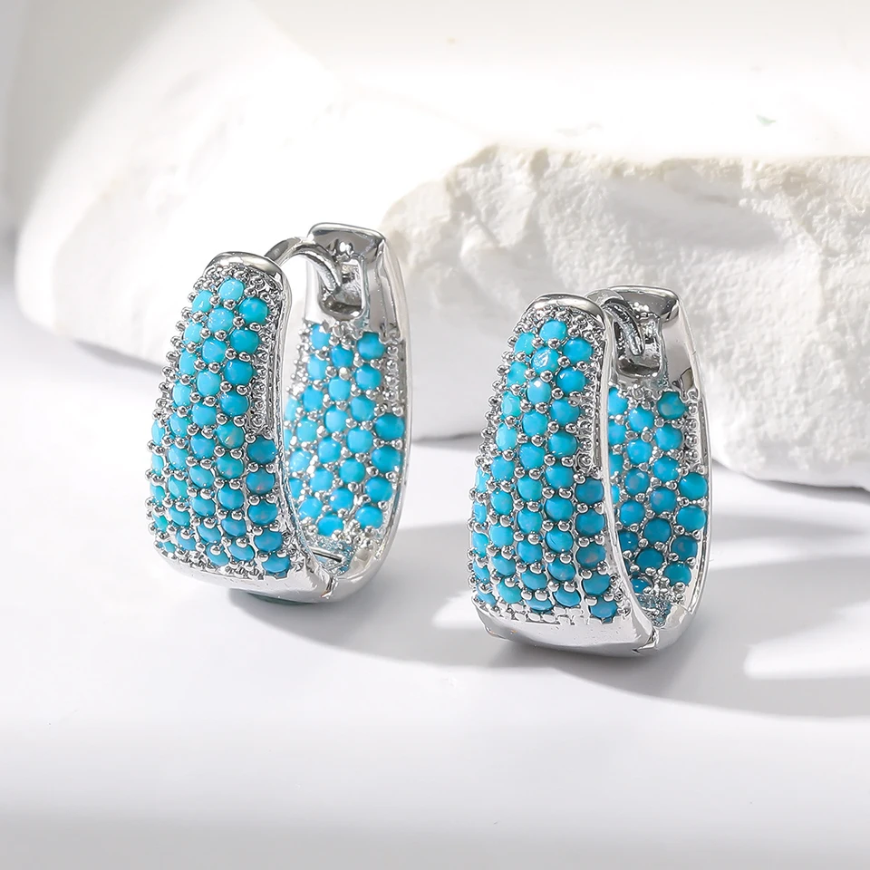 2 Pairs New U-shaped Flowers With Blue Turquoise Earring Exquisite Temperament Ear Buttons For Women Fashion Festival Jewelry image 4