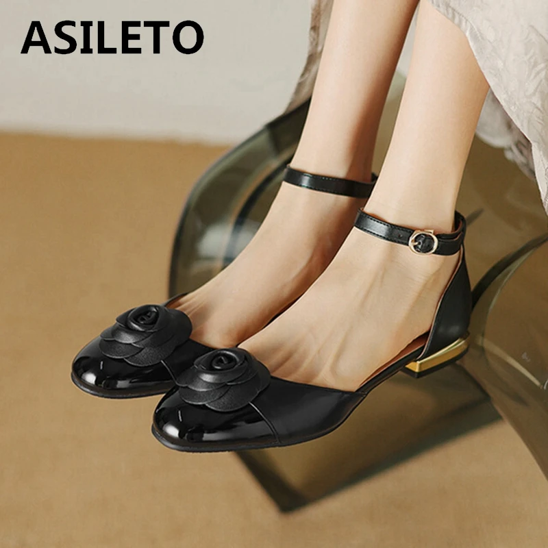 ASILETO 2024 New Closed Toe Round Mixed Color Women Sandals Flower 3.5 Low Heel Ankle Strap Big Size 43 Dress Beige Black