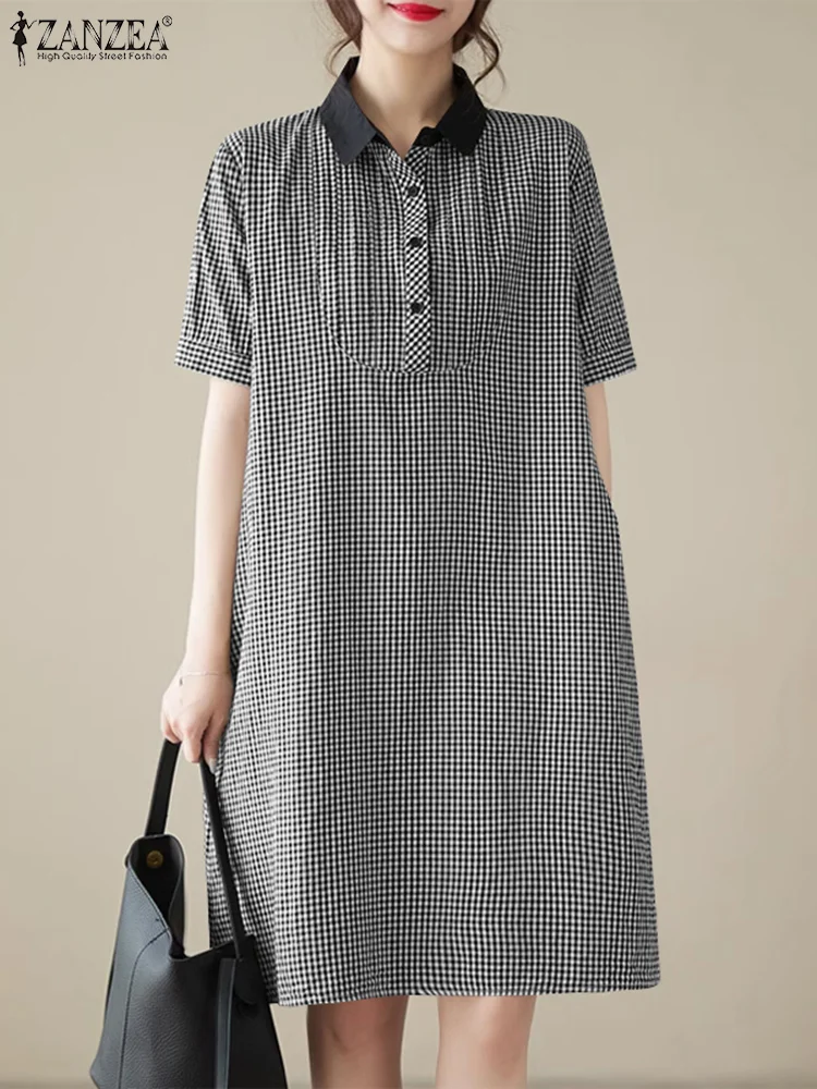 

ZANZEA 2024 Summer Plaid Checked Sundress Women Lapel Neck Short Sleeve Button Shirt Dress Robe Femme Casual Baggy Work Vestidos