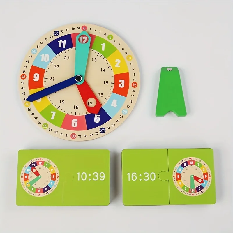 Wooden Clock Model Teaching Aid Montessori Learning Clocks with Cards Kindergartner Toy for Game Interaction Playroom Wall