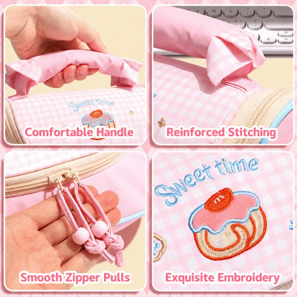 Cute Embroidery Pencil Case Macaron Handheld Pencil Pouch Multi-Layer Divided Large Capacity Pen Bag Gift