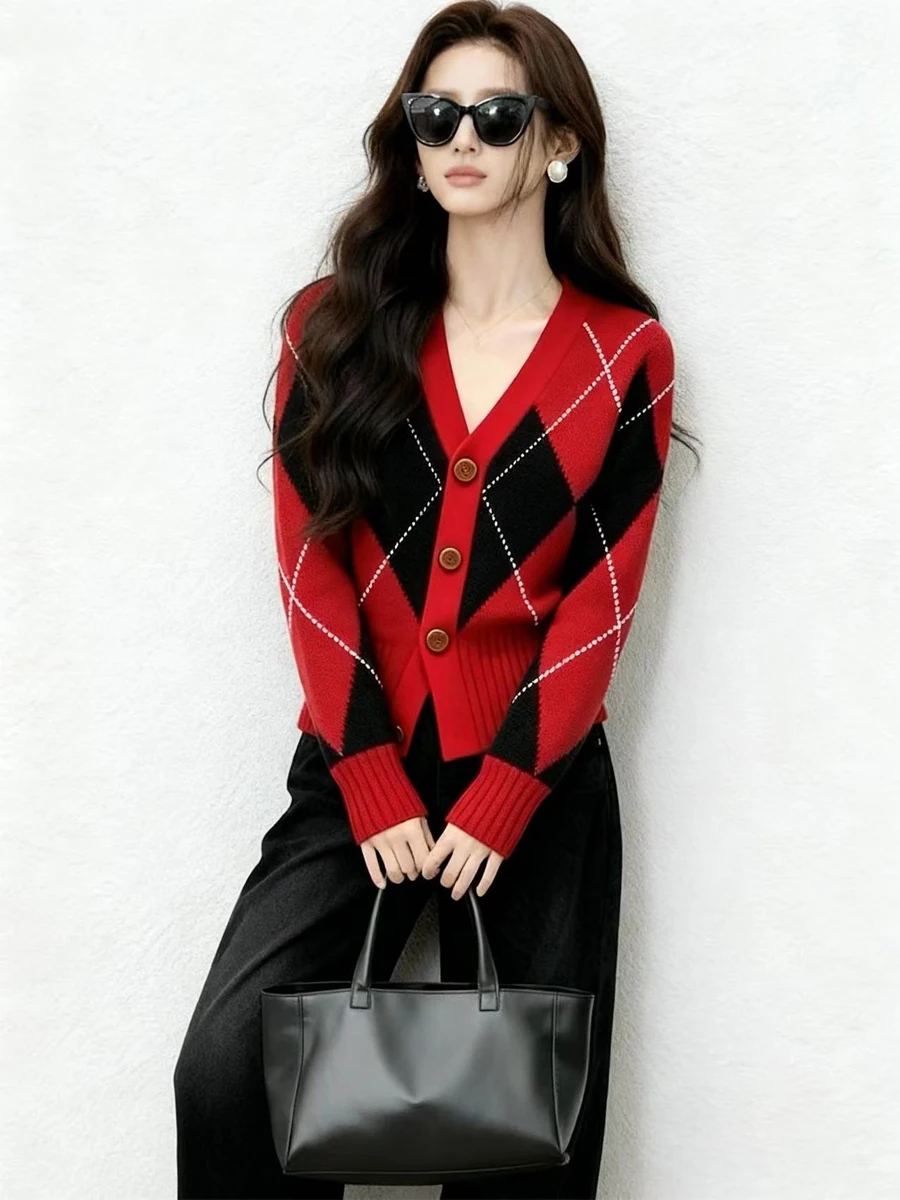 Korean Style Winter Warm Knitted Red Diamond Grid Open Cardigan Set Pants Non-Repeating Pattern Fashionable And Chic Ladies' ...