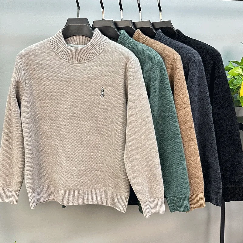 

High quality plush warm round neck sweater men's winter trend brand cartoon character embroidery Korean casual knitted pullover
