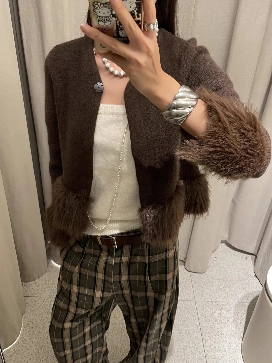 

Fall 2025 New Arrival Women's Short Knitted Faux Fur Jacket Brown Mermaid Effect Splicing Open Cardigan Polyester Fiber Long ...