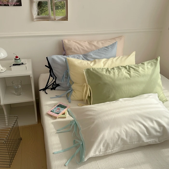 Dopamine Girl Pure Color Polka Dot Knot Tied Style Single Person Pillowcase 4874 Washed Cotton Double Person Pillow...