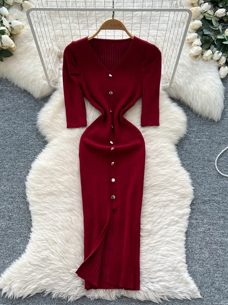 

Женское трикотажное платье Slim Fit с V-образным вырезом, на одной пуговице, с рукавами-фонариками, с завышенной талией, А-силуэт, летнее, в корейском стиле, для повседневной носки