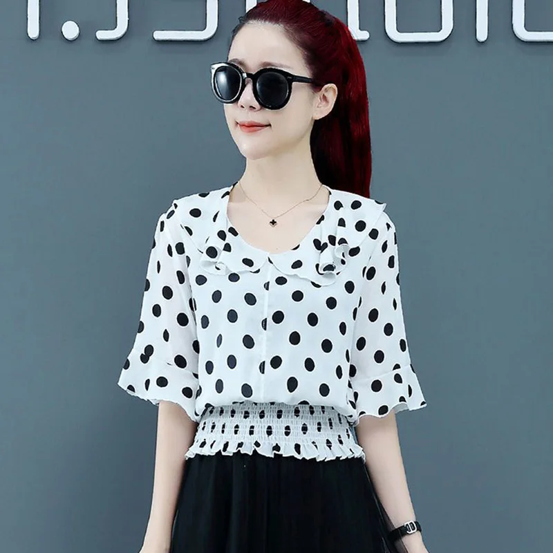 Elegante Ruffles emendado Shirring Polka Dot Blusa Roupas Femininas 2023 Verão Novo Casual Pullovers Coreano Flare Manga Camisa