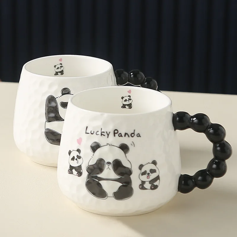 Cute Relief Panda Ceramic Cup High Appearance Level Cartoon Mug with Hand Gift Household Coffee Breakfast Milk Tumbler Cups