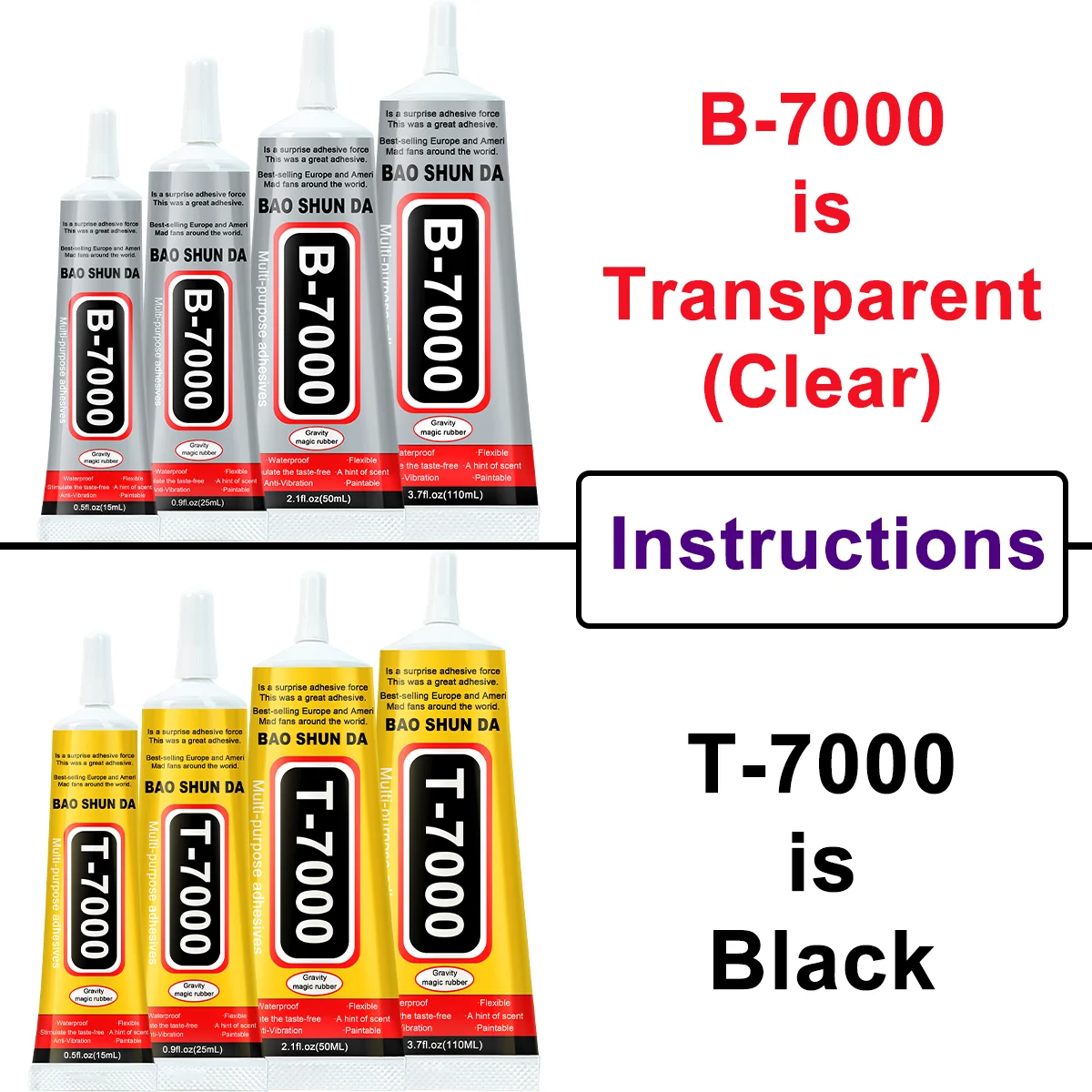 Cola suave forte para reparação de celulares B7000, cola transparente T7000, adesivo multiuso preto para bricolagem, B7000/T7000 Adesivo para reparação de calçados de alta resistência, com aplicador de precisão