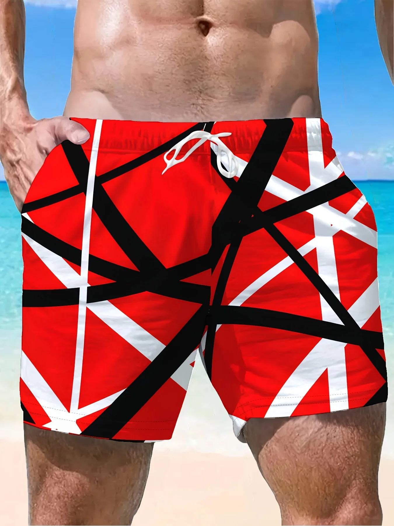 Schnelltrocknende Badeshorts für Herren, Rot-Schwarz-Weiß, abstrakter geometrischer Linien-Print, Strandshorts mit Kordelzug und Taschen – Detail 7