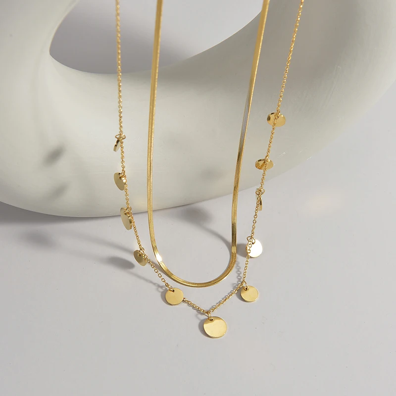 Simple Stainless Steel Snake Chain Necklaces 2 Layers Round Pendants Women Necklace Punk Jewelry Gift