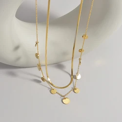 Simple Stainless Steel Snake Chain Necklaces 2 Layers Round Pendants Women Necklace Punk Jewelry Gift
