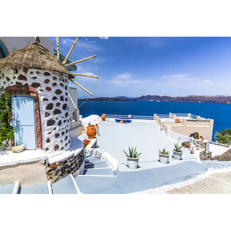 Dingsun.com blanc vieille ville de l'île de Santorin et paysage de la mer Égée arrière-plan photographique accessoire LHJ-05