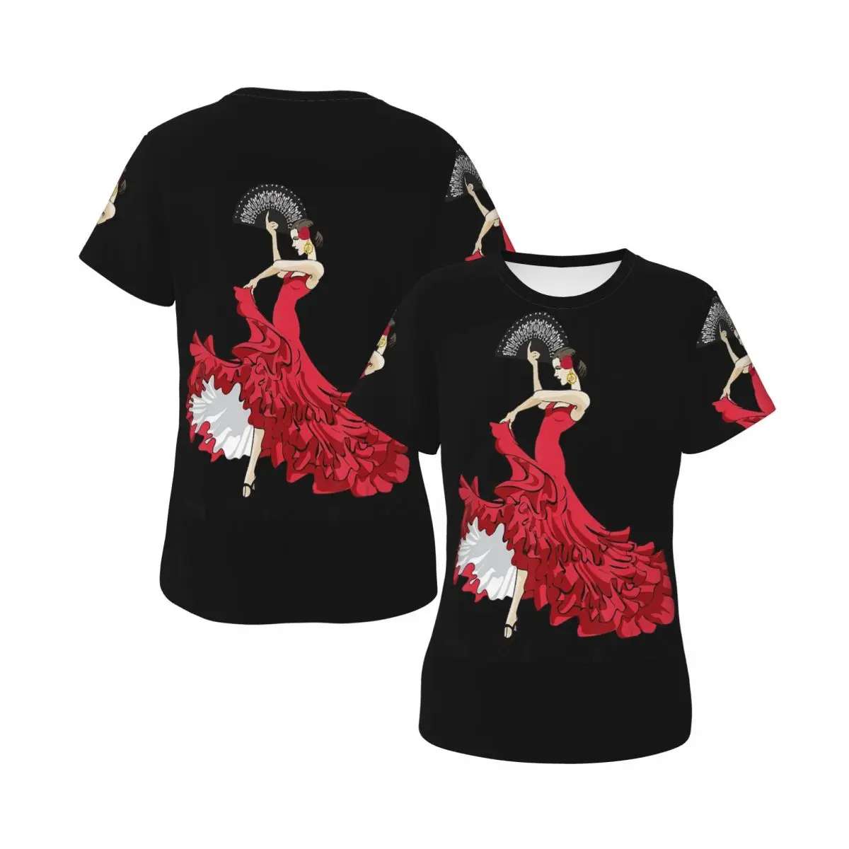 Camiseta de bailarina de flamenco de España para mujer, camisetas con cuello redondo, ropa de calle, camisetas cortas para mujer, ropa de verano, Tops