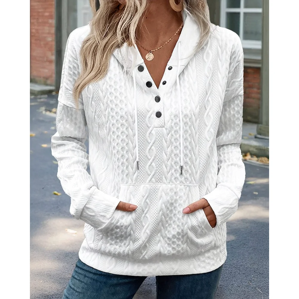 

Women Autumn Long Sleeve Half Snap Buttons Front Drawstring Hoodie Sweatshirt Casual Kangaroo Pocket Drop Shoulder Cable Top