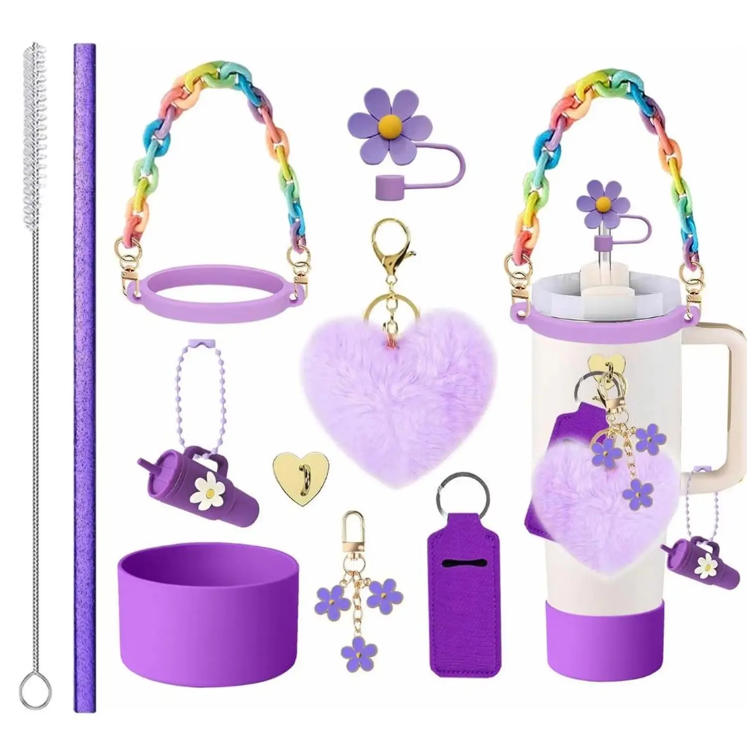 Flower Straw Handle Toppers Heart Pom-Pom Pendant Cup Chain Lipstick Sleeve - Accessory for Stanley Cup