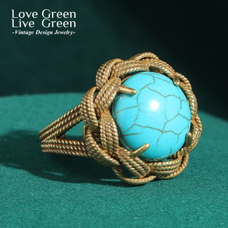 

Vintage Blue Big Stone Round Turquoise Ring Luxury Jewelry For Women Designer Woman Elegant Trends 2025 Thanksgiving Wedding