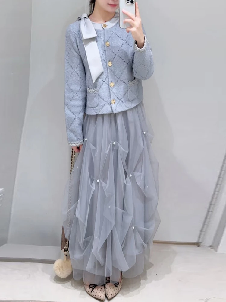 

Новая женская юбка А-силуэта Sweet Pure Color с высокой талией, жемчужной сеткой и сборками, из полиэфирного волокна, модель B2524