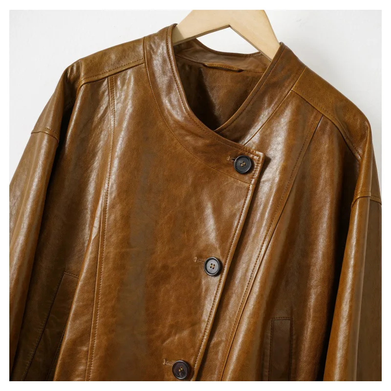 여성용 가을 첫 번째 레이어 양가죽 재킷 레트로 오일 왁스 A급 양가죽 여성용 드로스트링 허리 캐주얼 리얼 가죽 재킷