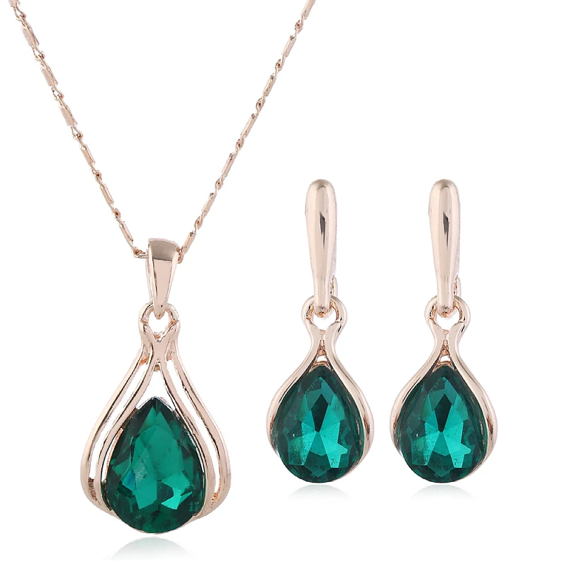 Fashion European and American Blue Zhihai Creative Geometric Wedding Earrings Necklace Set Women\'s Blue Green Water Drop Set