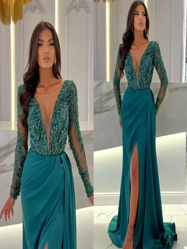 Elegant Sheath Green  Illusion V Neck Long Sleeves Beading Party Prom Dres Evening Dresses Split Long Dress for special occasion