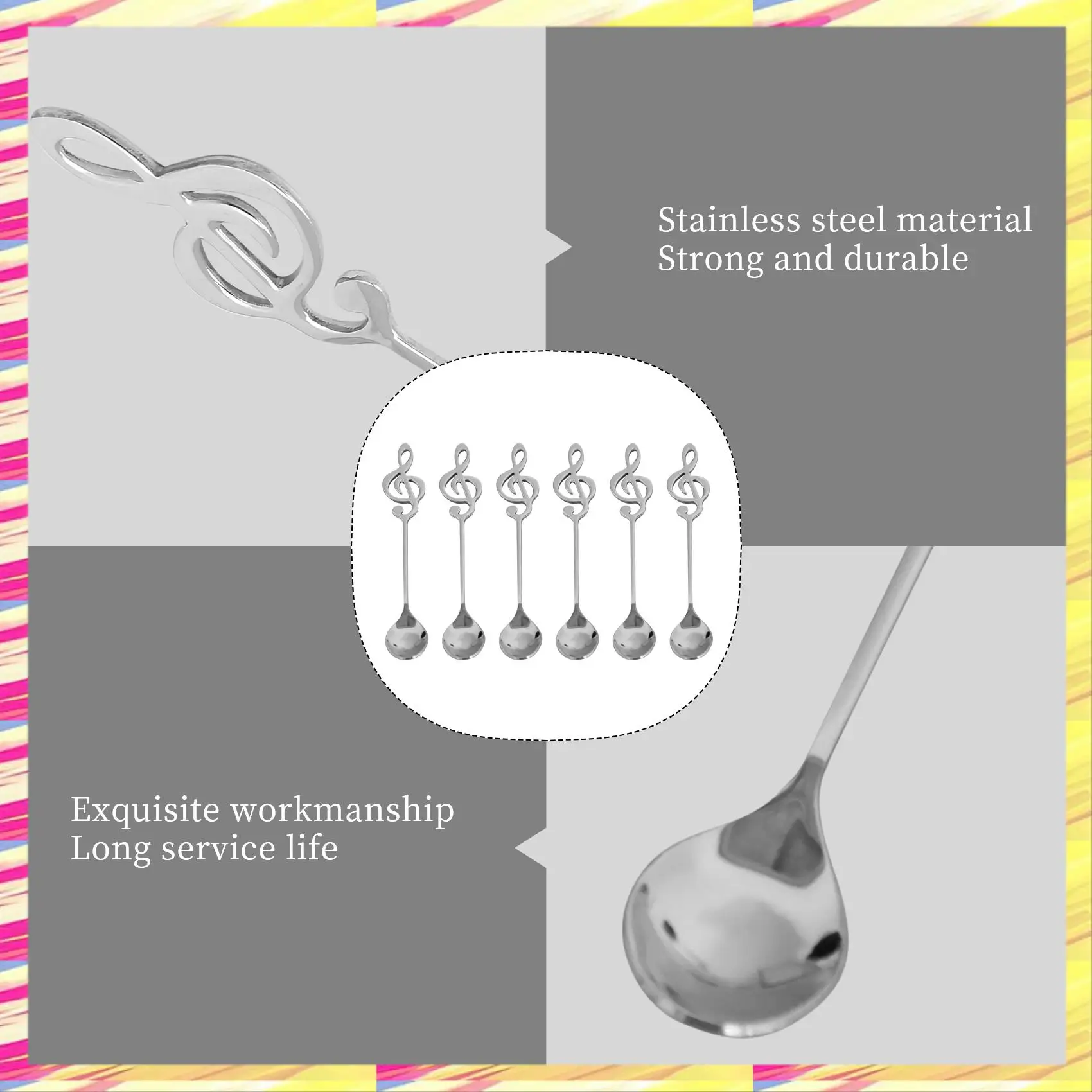 

ABJJ 6 Pack Cute Teaspoons Stainless Steel Musical Notation Shaped Coffee Spoons Dessert Cake Ice Cream Sugar Spoon