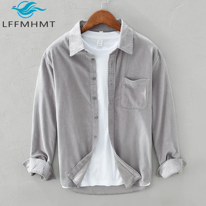 

100% Corduroy Cotton Vintage Shirt for Men Spring Fall Fashion Solid Color Japan Style Good Quality Simple Basic Long Sleeve Top