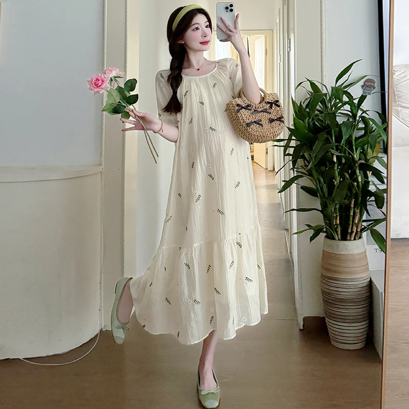 

Sweet Summer Maternity Elegant Dress Short Sleeve O-neck Fashion Floral Embroidery Long Loose Pregnancy Dress Fishtail Dresses