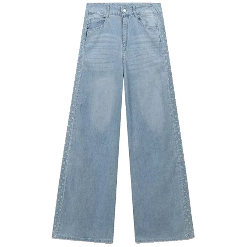Jean en Denim taille haute brodé pour femme, coupe ample, ajouré, pantalon Long décontracté, nouvelle collection automne