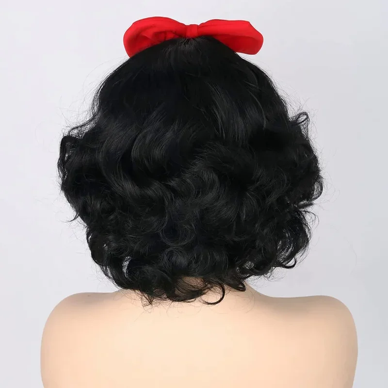 FGY Ladies Black Short Curly Cosplay Synthetic Wig Snow White Princess Halloween Costume Party Wig   Headband Red Bow   Wig Cap