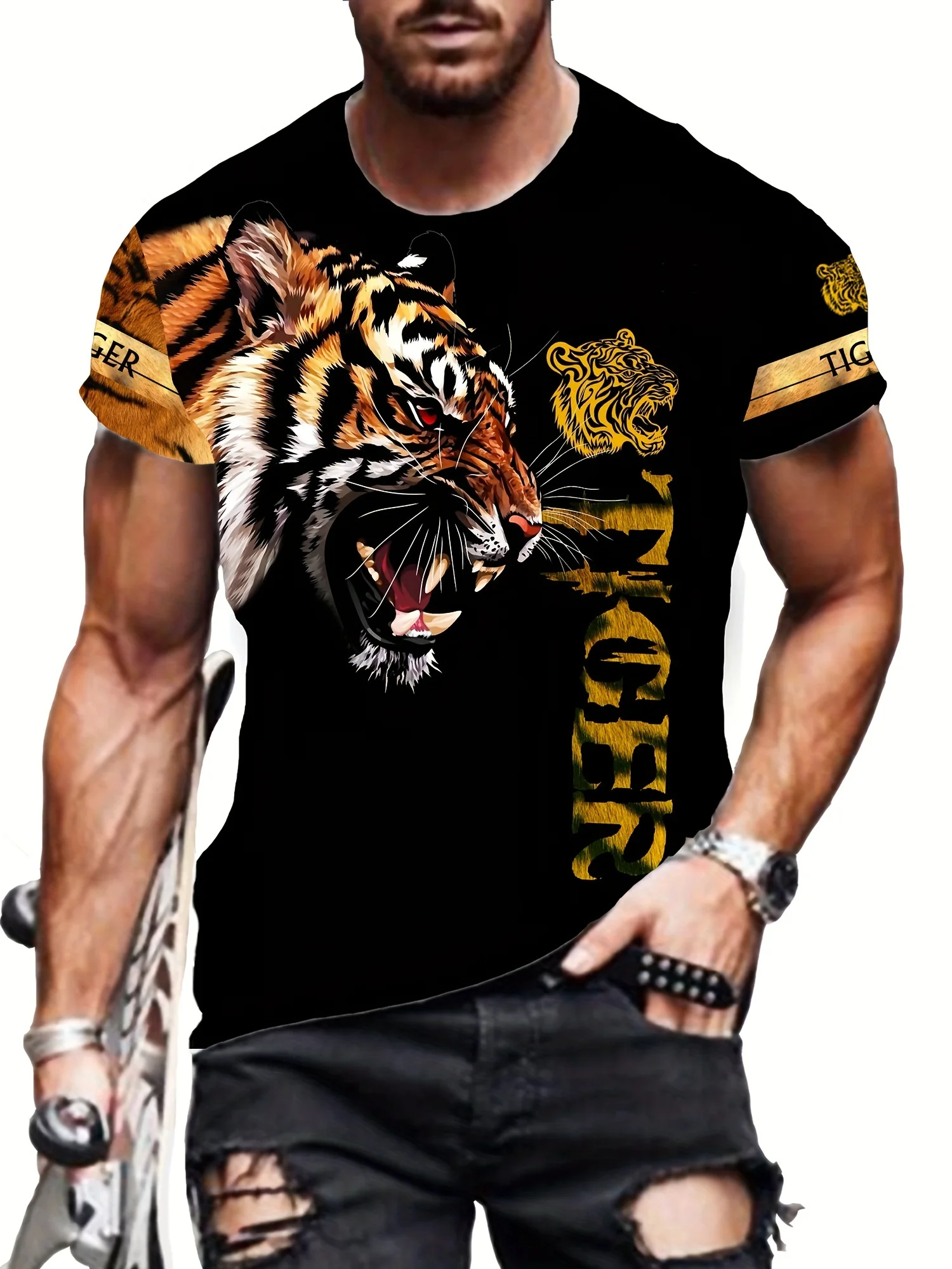 Men's 3D Fierce Tiger Graphic Tee - Comfortable Polyester Blend, Short Sleeve, Round Neck, Machine Washable