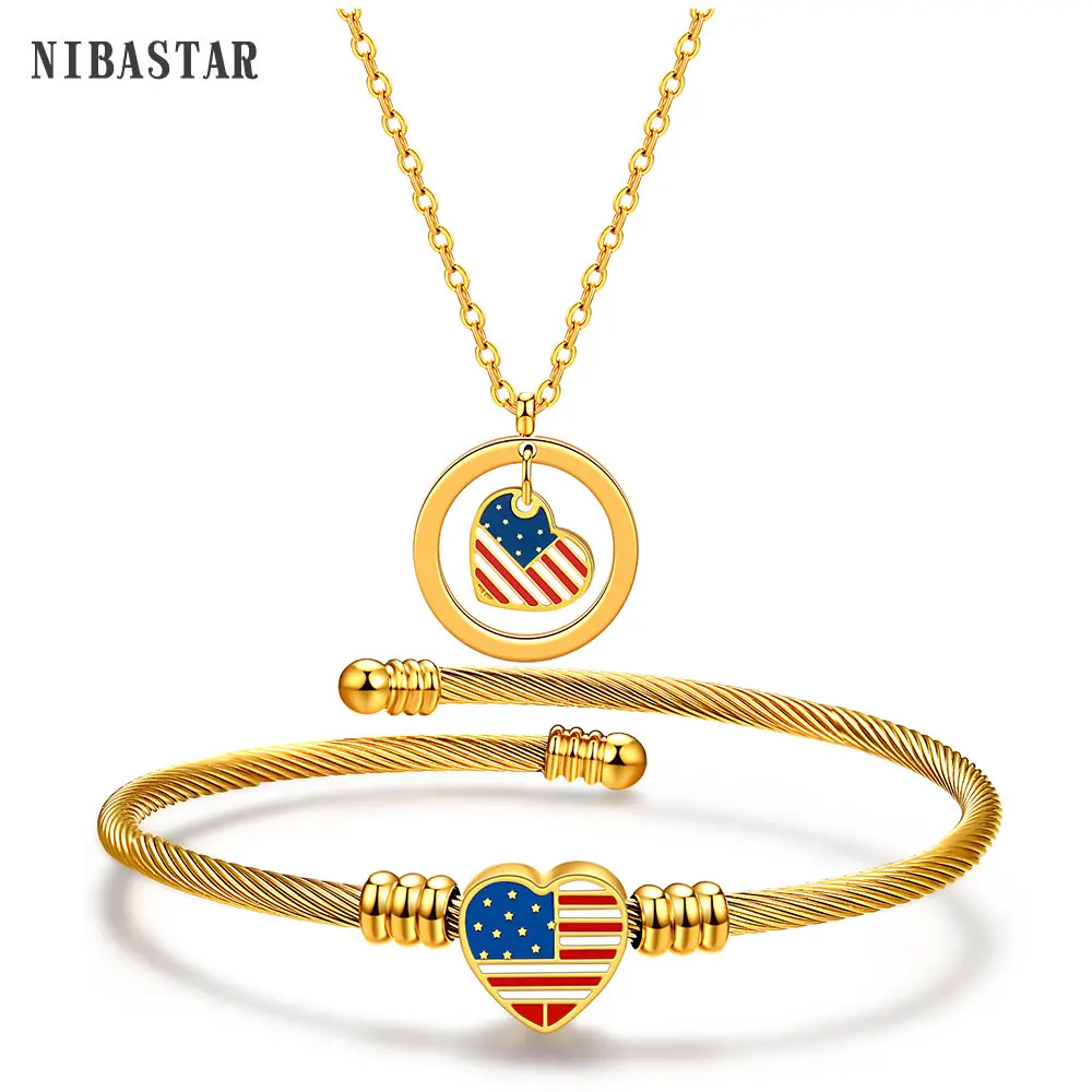 

USA American Flag Stainless Steel Heart Pendant Necklace Earrings Jewelry Set for women