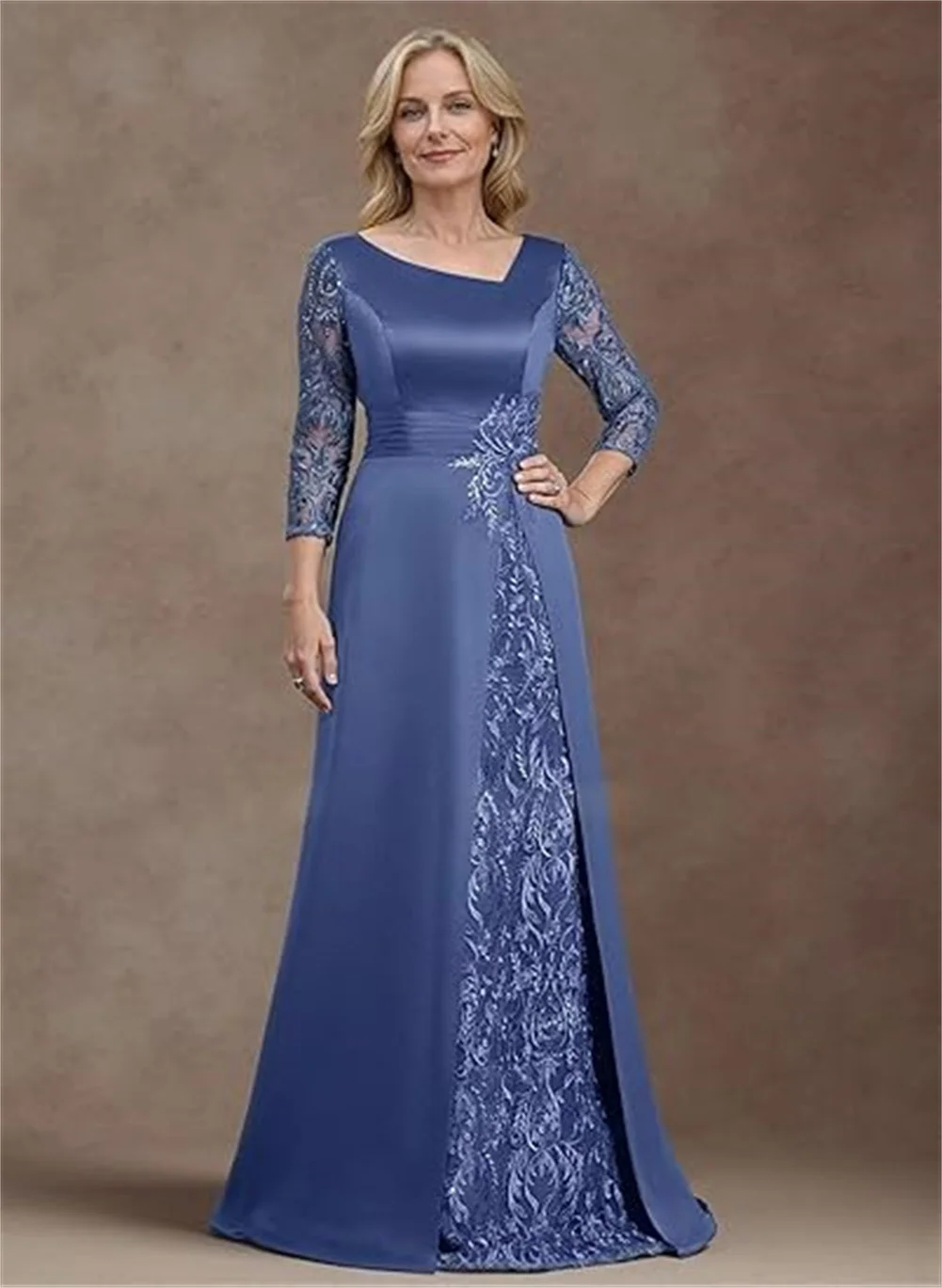 Customized Women's Royal Blue A Line Lace Appliques Mother Of The Bride Dress Scoop Satin Long Sleeves Formal Prom Evening Dress