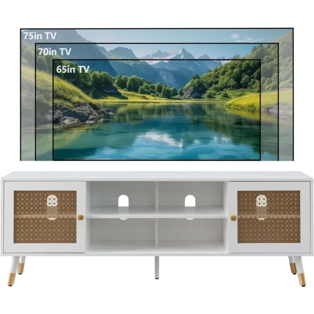 حامل تلفزيون أبيض حديث لغرفة المعيشة - مركز ترفيهي مع مساحة تخزين، وحدة تحكم وسائط على طراز بوهو مخدد #3