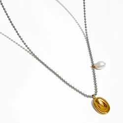 Peri'sbox Mix Gold/Silver Color Irregular Coin Pendant Necklace Titanium Steel Beaded Chain Necklace with Freshwater Pearl Charm