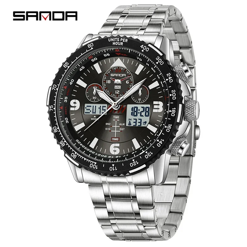 SANDA Neue Business-Quarzuhren für Herren, modisches Edelstahlband, Datum, multifunktionaler Chronograph, 5 Bar, wasserdichte Uhr